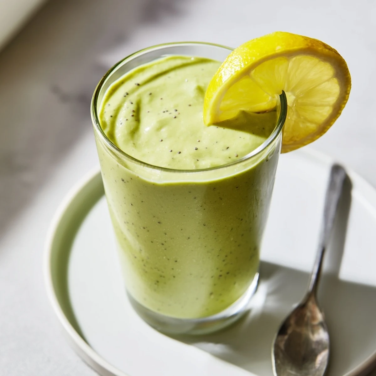 Creamy spinach avocado smoothie, a refreshing green power drink served in a tall glass.