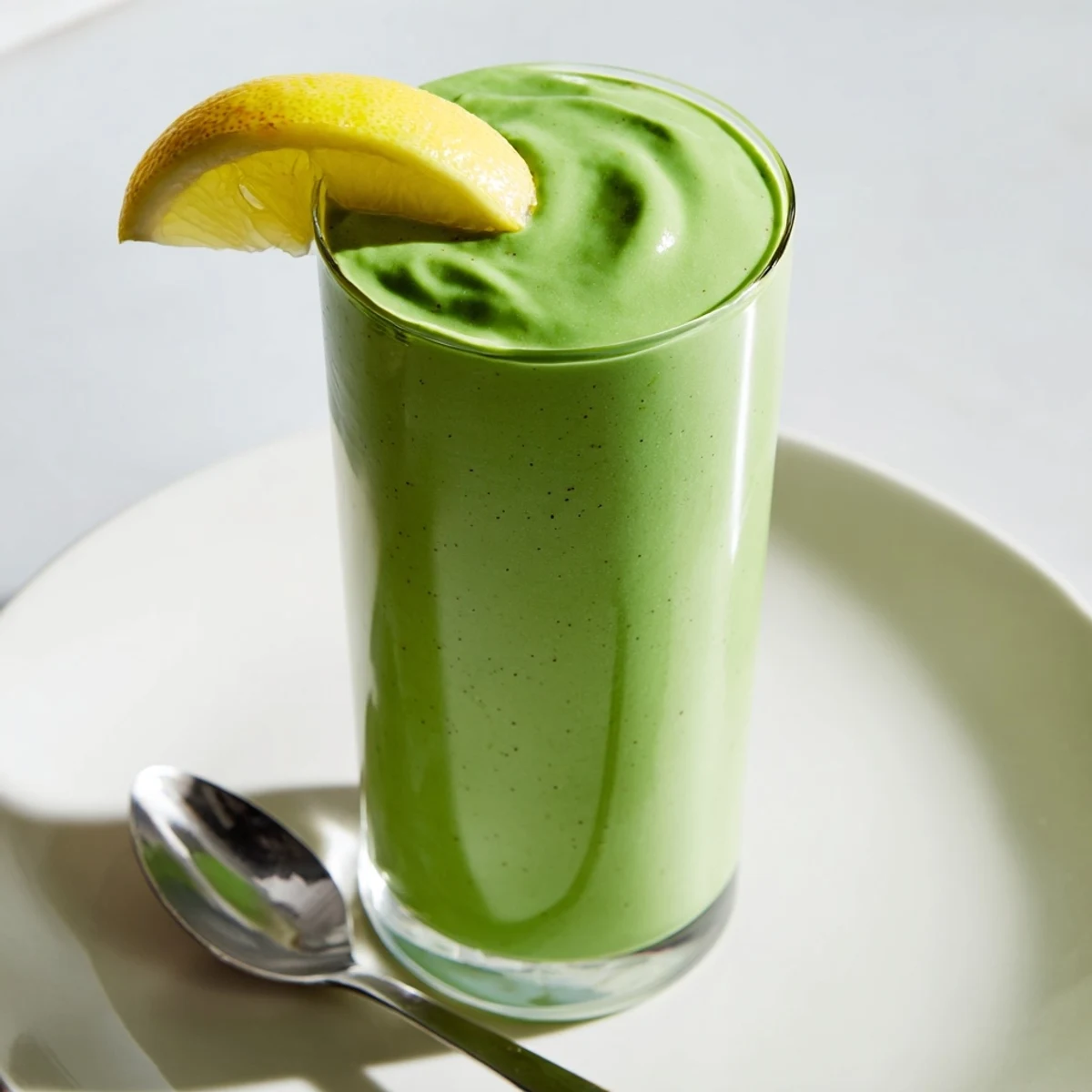 Vibrant green spinach avocado smoothie, made with ripe avocado and banana, ready to drink.