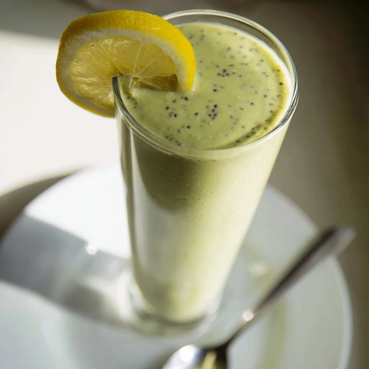 Thick and refreshing spinach avocado smoothie, blended to a smooth, creamy texture with fruit.