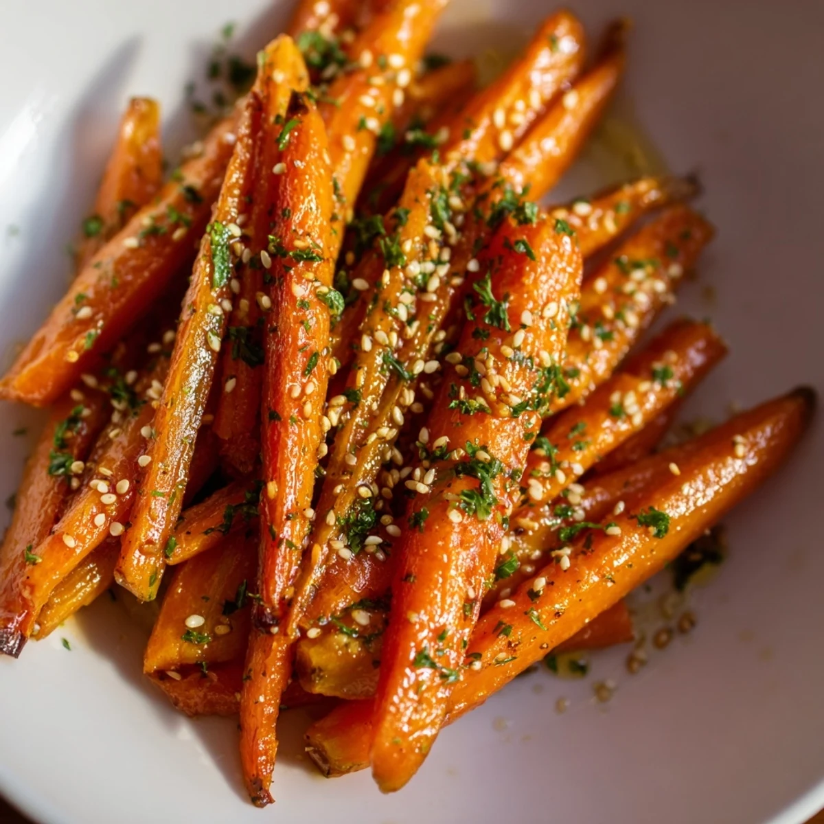 Golden brown Maple Mustard Roasted Carrots, ready to serve and bursting with the flavors of fall.