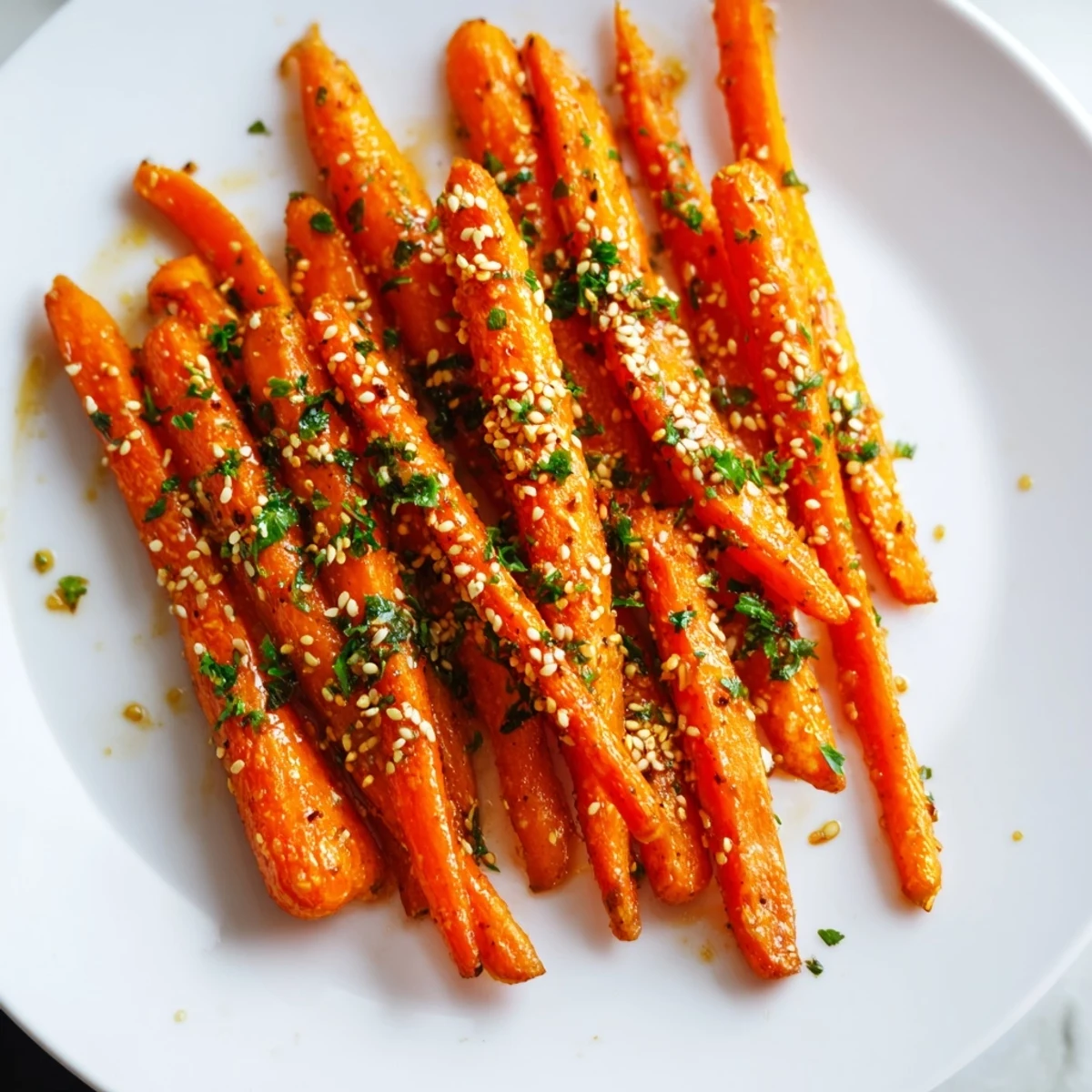 Close-up of vibrant, tender Maple Mustard Roasted Carrots, perfect with a sprinkle of parsley garnish.