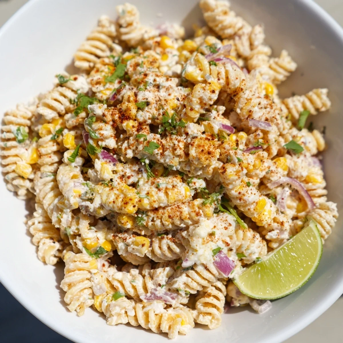 A colorful bowl of Mexican Street Corn Pasta, perfect for a summer side dish.