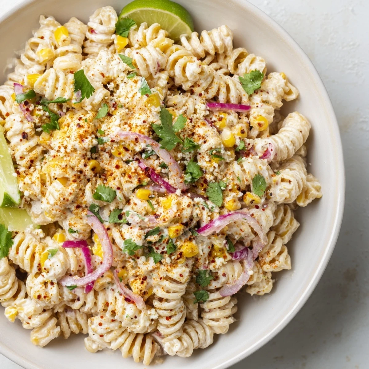 This creamy Mexican Street Corn Pasta features charred corn and crumbled cotija cheese, ready to enjoy.