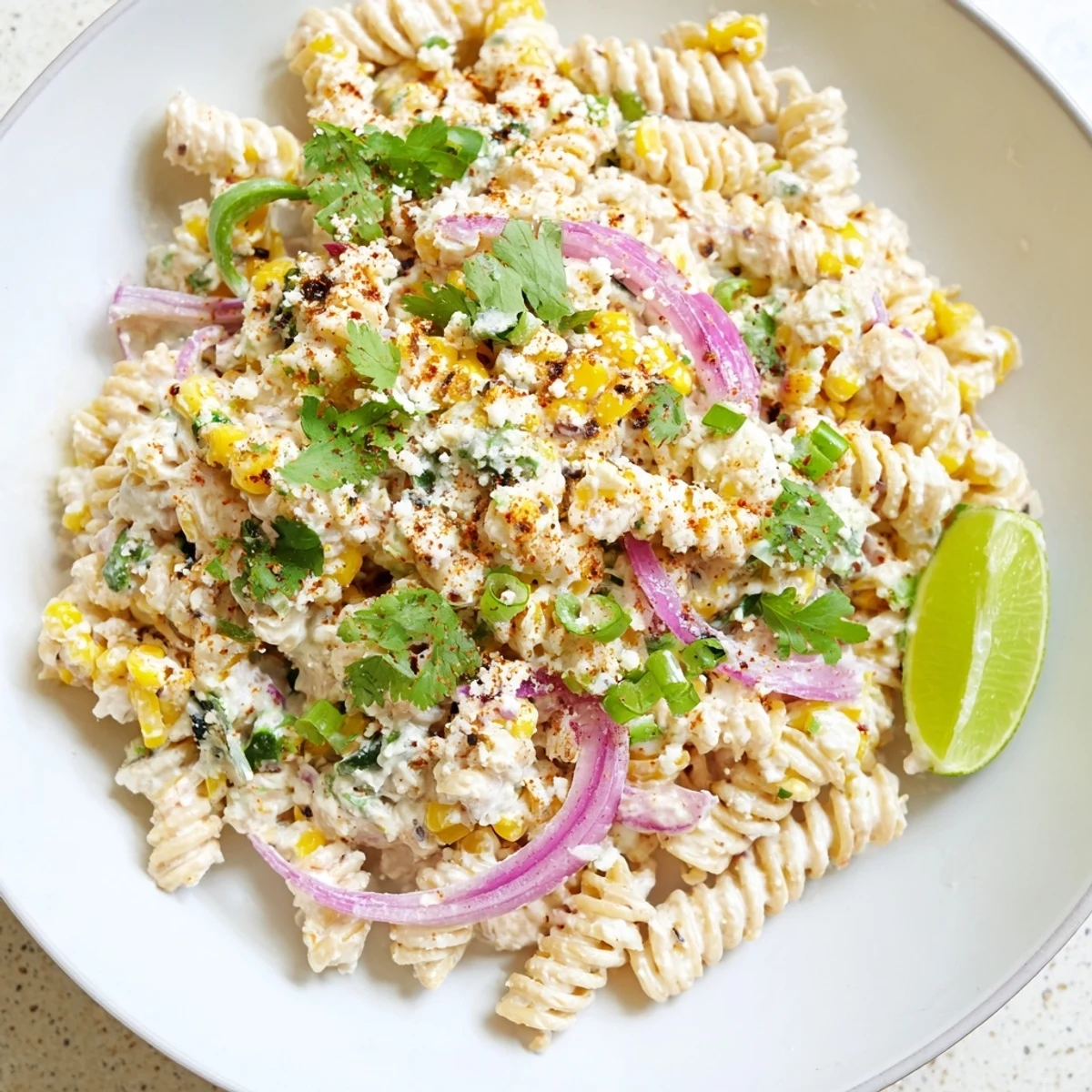 Close up shot of fresh Mexican Street Corn Pasta, tossed with vibrant herbs and zesty lime dressing.