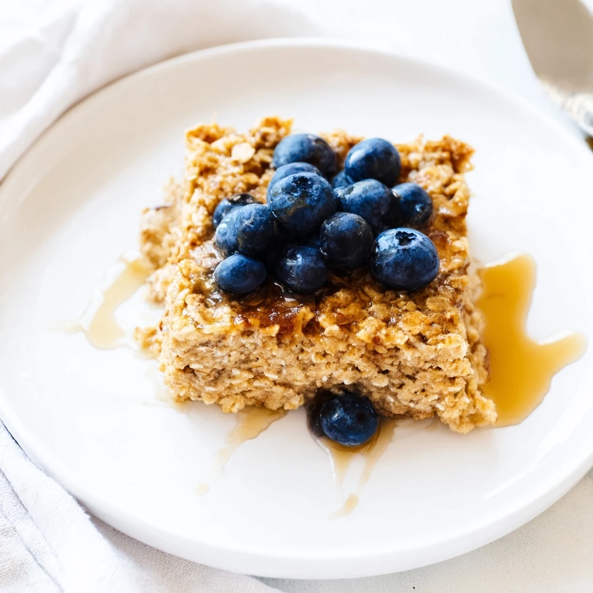 A close-up of warm, delicious Protein Pancake Oats served with fresh blueberries and a yogurt drizzle.