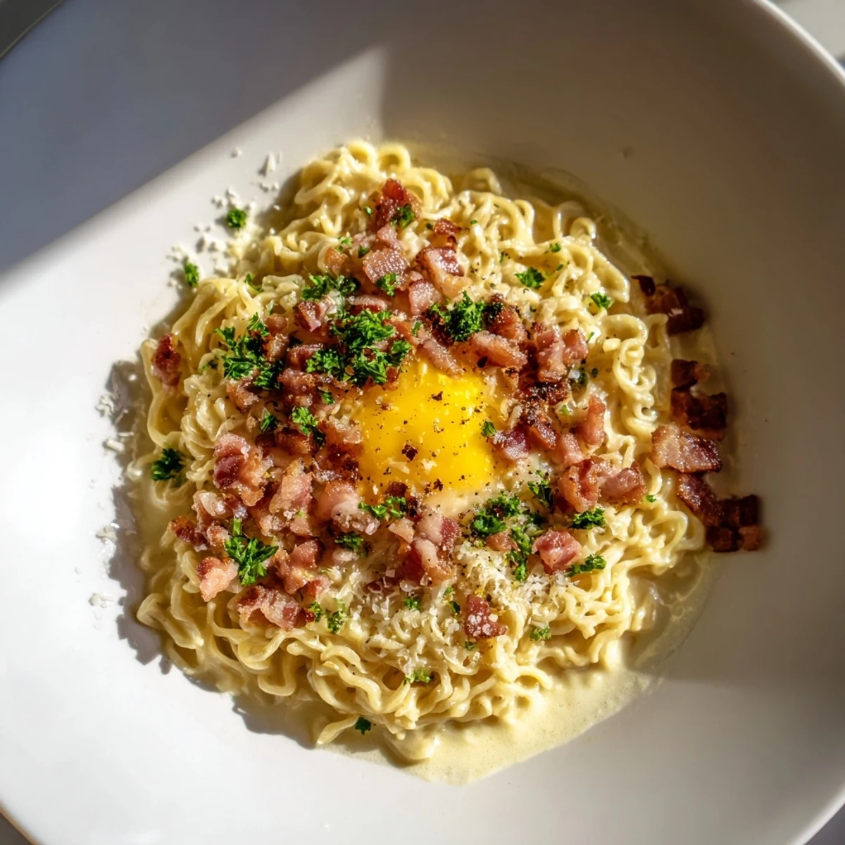 Ramen Carbonara Hack: a bowl of creamy noodles, bacon, and Parmesan, ready to enjoy.