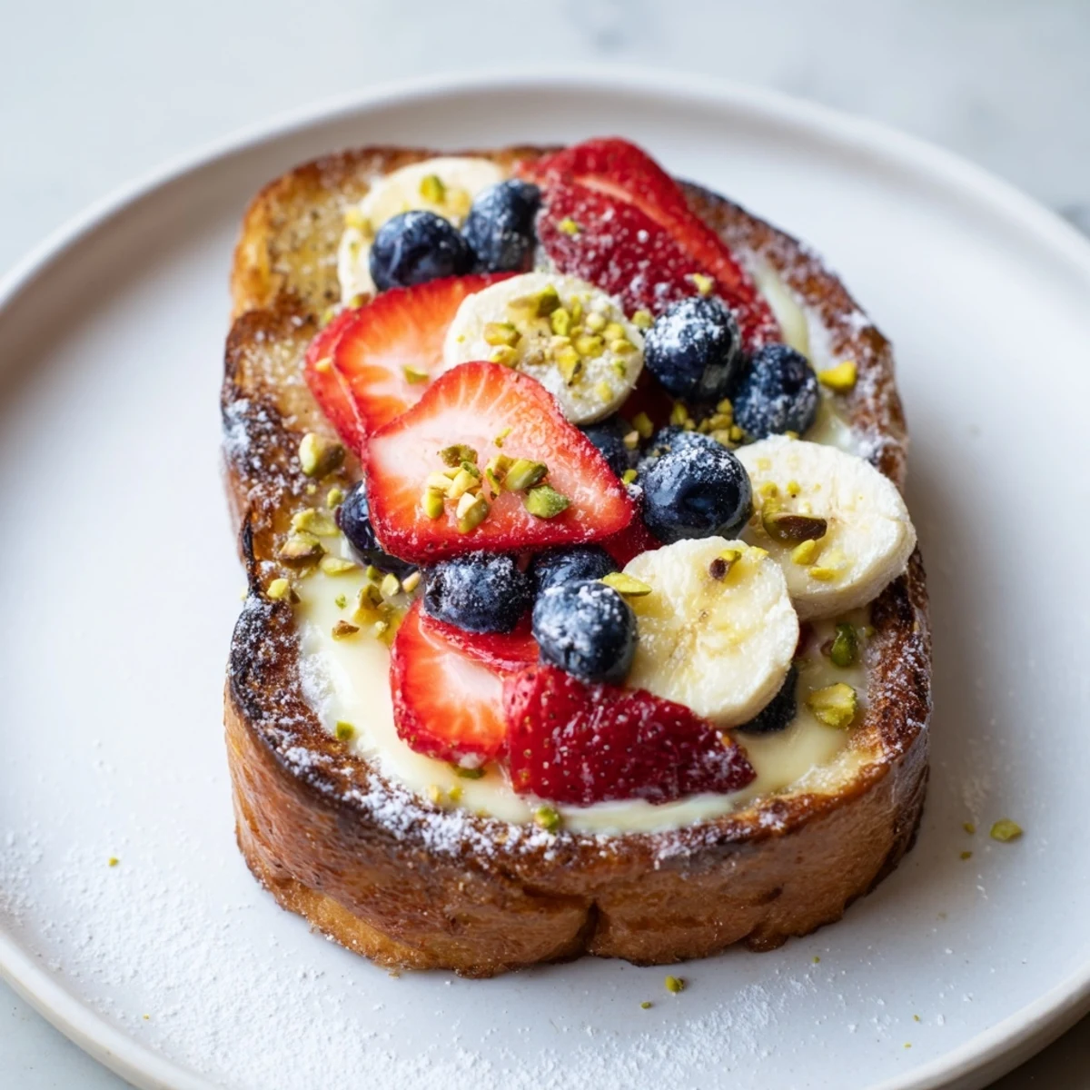 Golden-baked Viral Yogurt Toast topped with colorful fresh fruit, a perfect breakfast treat.