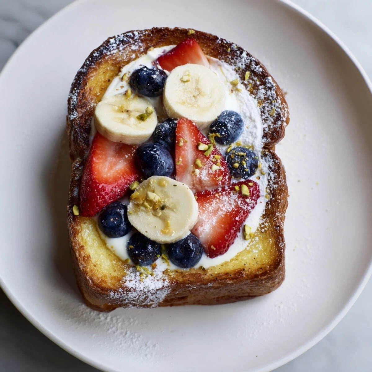A close-up of warm Viral Yogurt Toast, showing the fluffy bread and a vibrant fruit topping ready to eat.