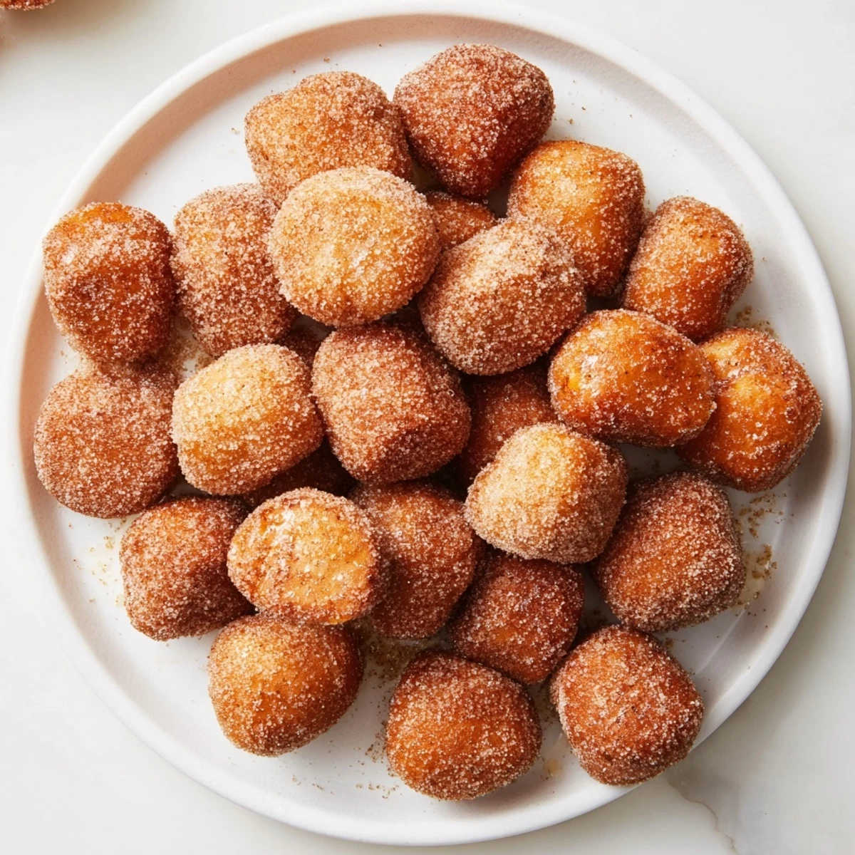 Close-up of fluffy air fryer cinnamon donuts, coated generously in cinnamon sugar, making a perfect dessert.