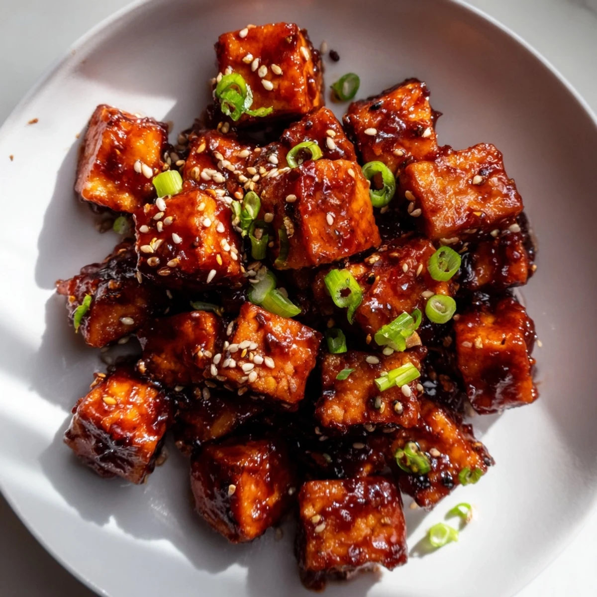 Golden, crispy Honey Gochujang Tofu glistening with a sweet and spicy sauce, ready to eat.