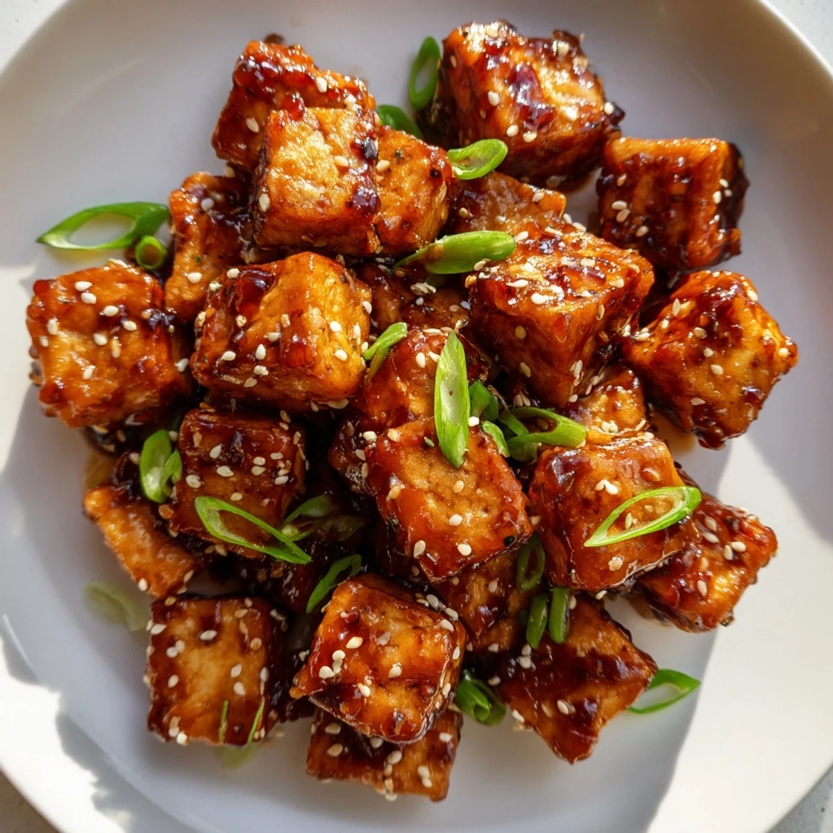 Close-up of sticky Honey Gochujang Tofu, sprinkled with sesame seeds, a flavorful Korean-inspired dish.