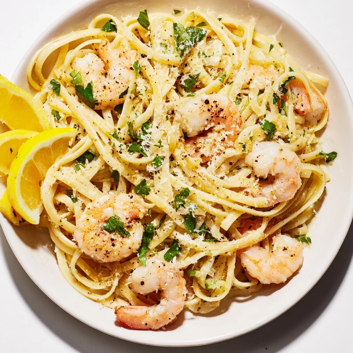 Tender shrimp nestled in Lemon Herb Pasta, bursting with fresh herbs, ready for a delicious dinner.