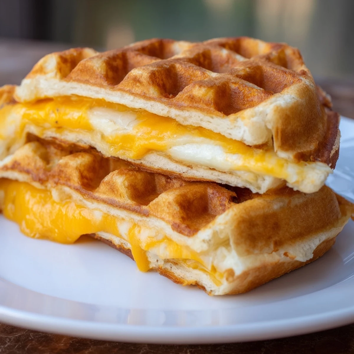 Perfectly pressed Waffle Grilled Cheese sandwiches, golden brown and ready to be devoured with tomato soup.