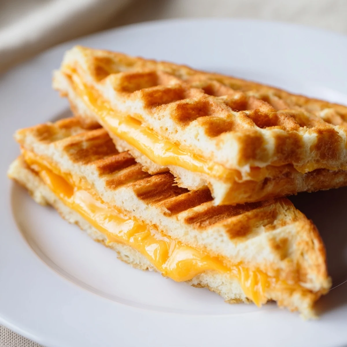 Close-up of a Waffle Grilled Cheese, showing the delightful crisp waffle pattern and melted, gooey cheese.