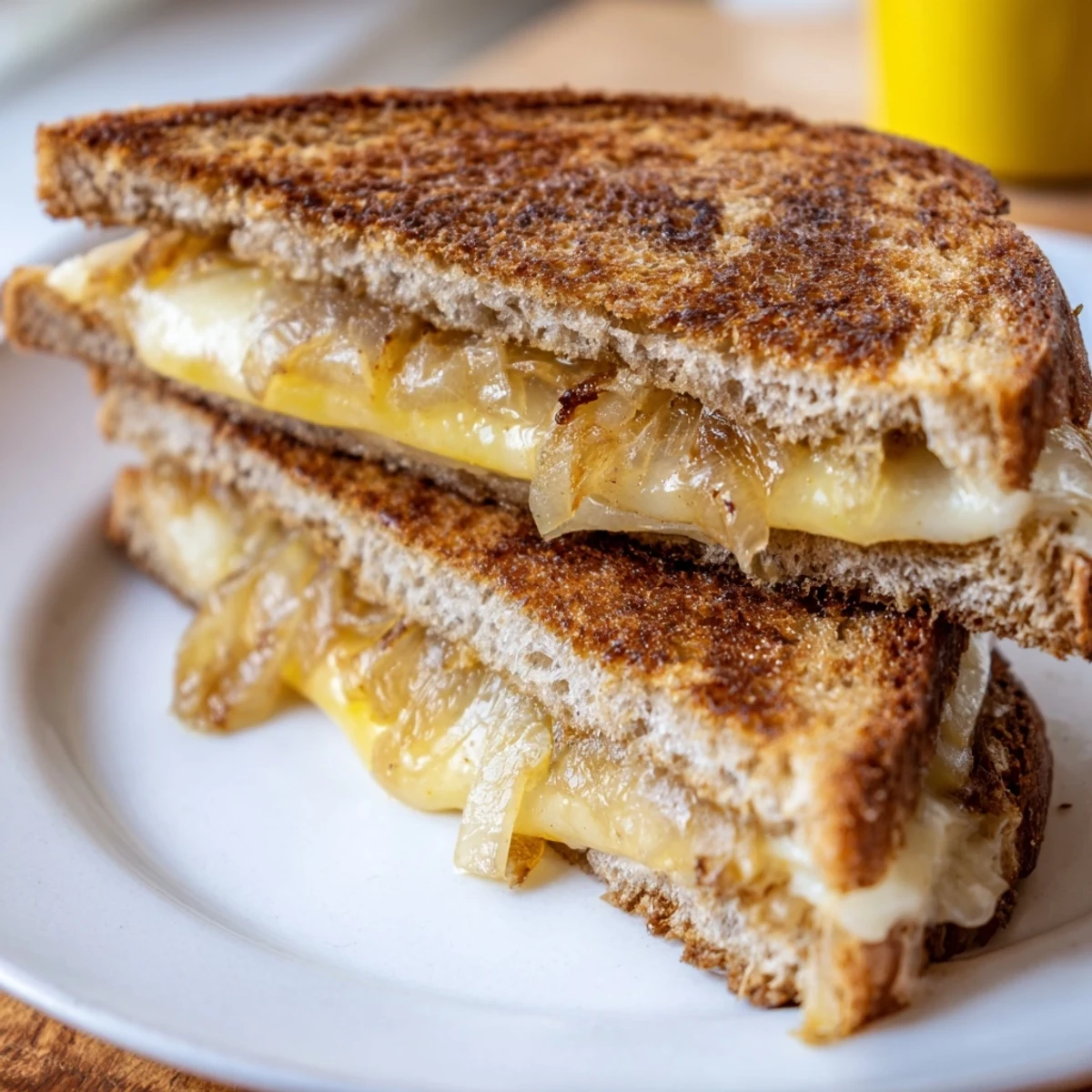 Golden, bubbly Caramelized Onion and Gruyère Grilled Cheese sandwich, melted cheese oozing from toasted bread.