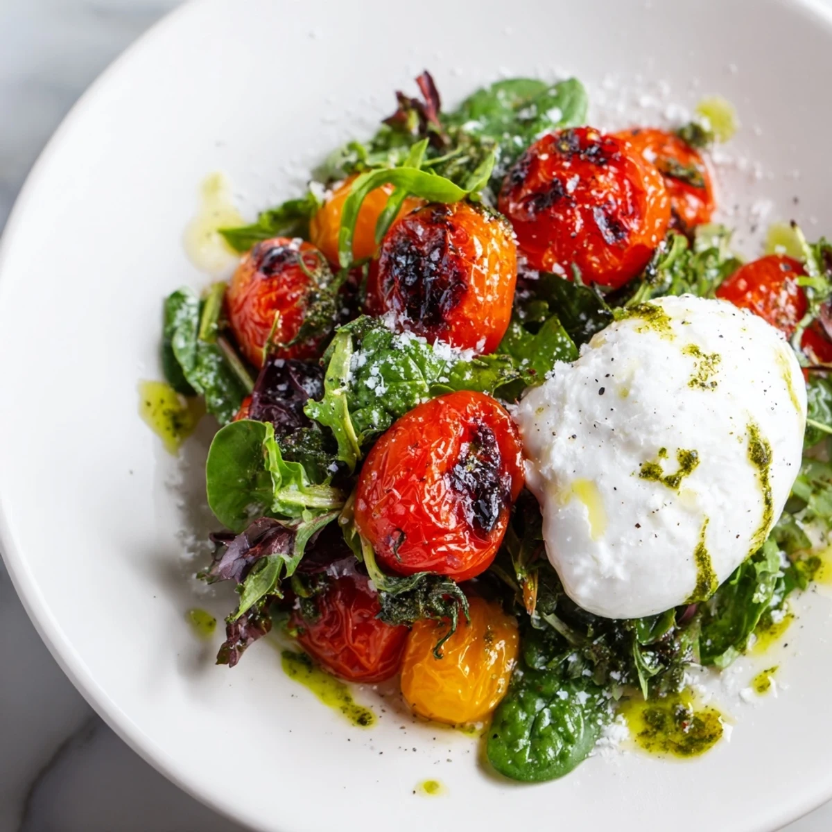 A close-up of the Charred Tomato Salad with creamy burrata, ready to be served.