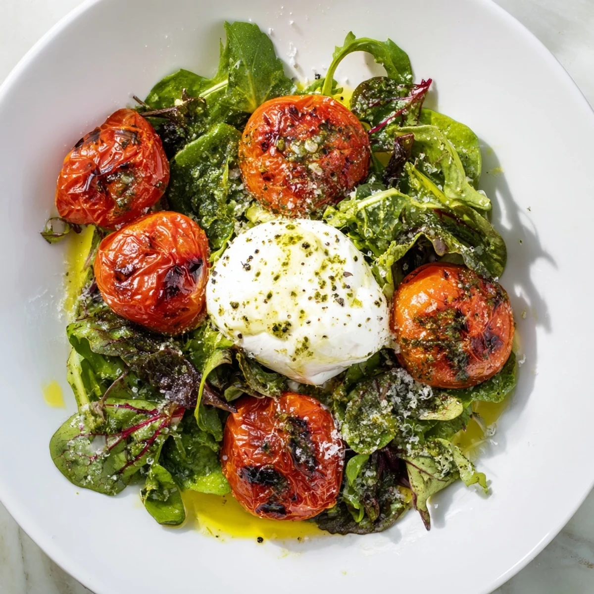 Delicious, sizzling Charred Tomato Salad with fresh greens, burrata, and basil oil dripping.