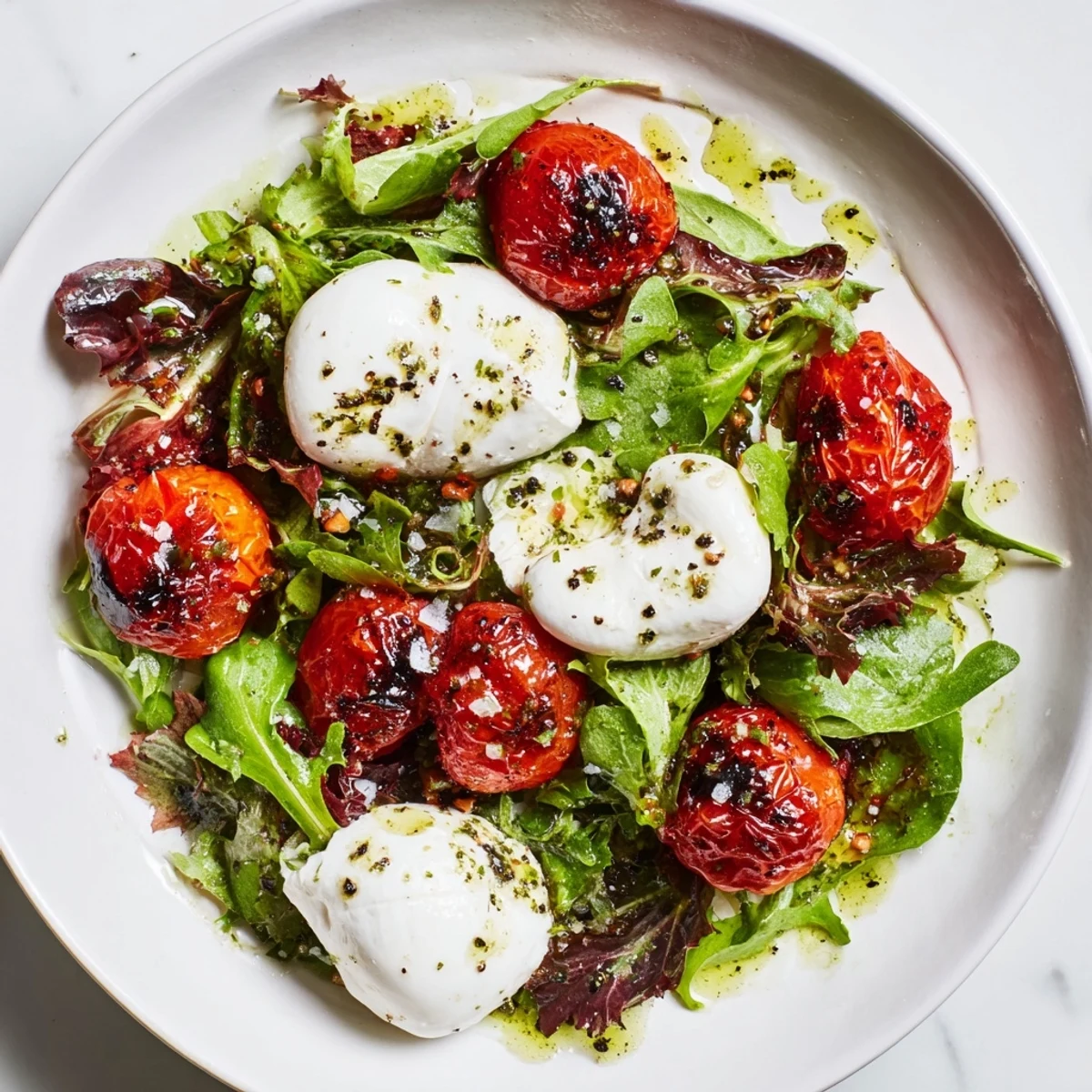 Vibrant Charred Tomato Salad: blistered tomatoes on greens, topped with creamy burrata and basil.