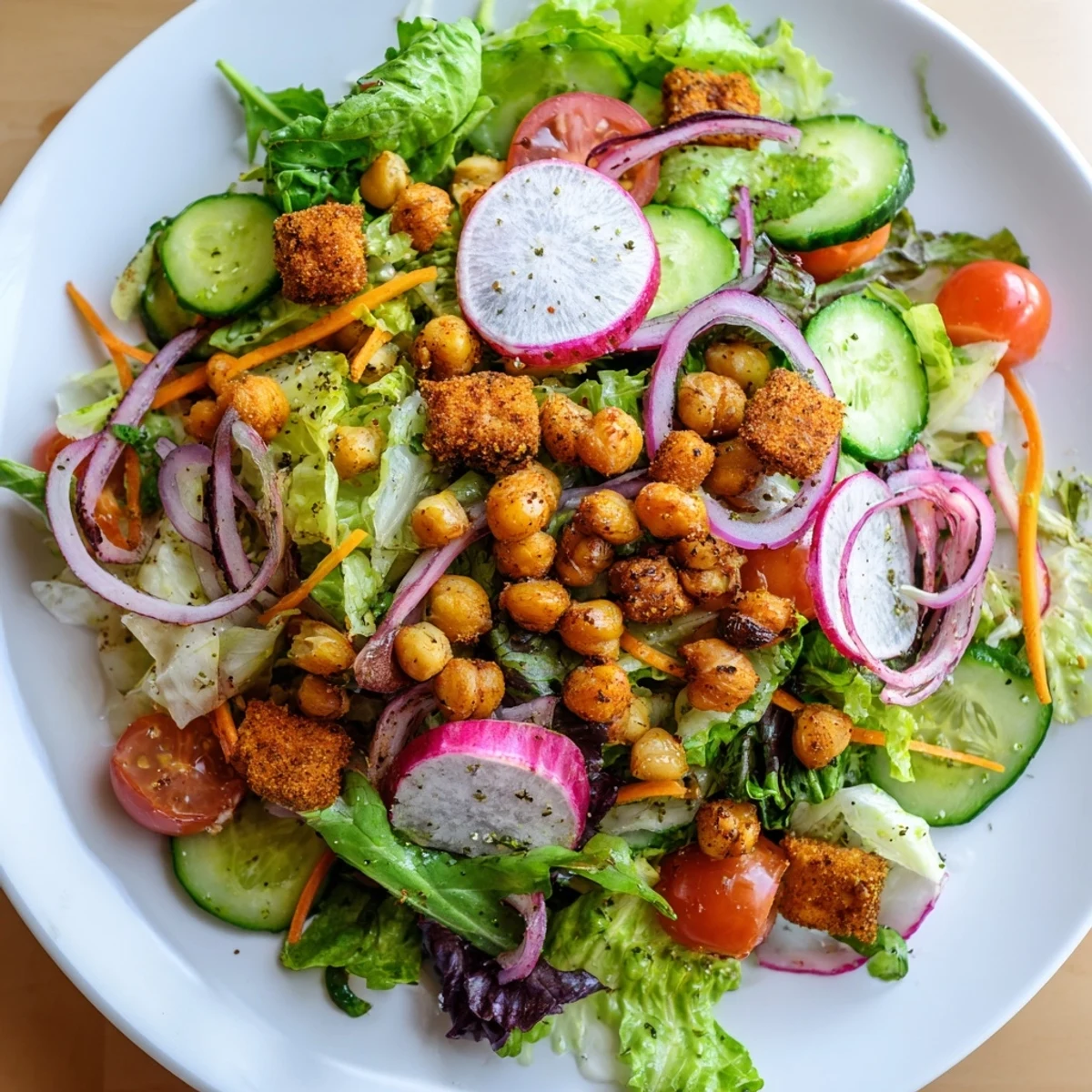 Mixed Greens Salad with crispy chickpea croutons, a colorful and fresh salad, ready to be enjoyed.