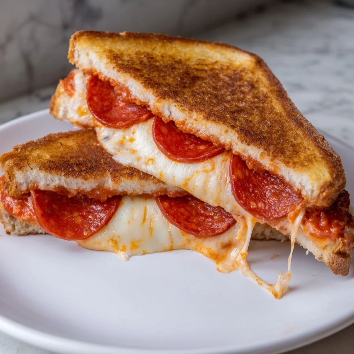 Golden, cheesy Pizza Grilled Cheese cut open, revealing melted mozzarella and pepperoni slices, served with marinara.