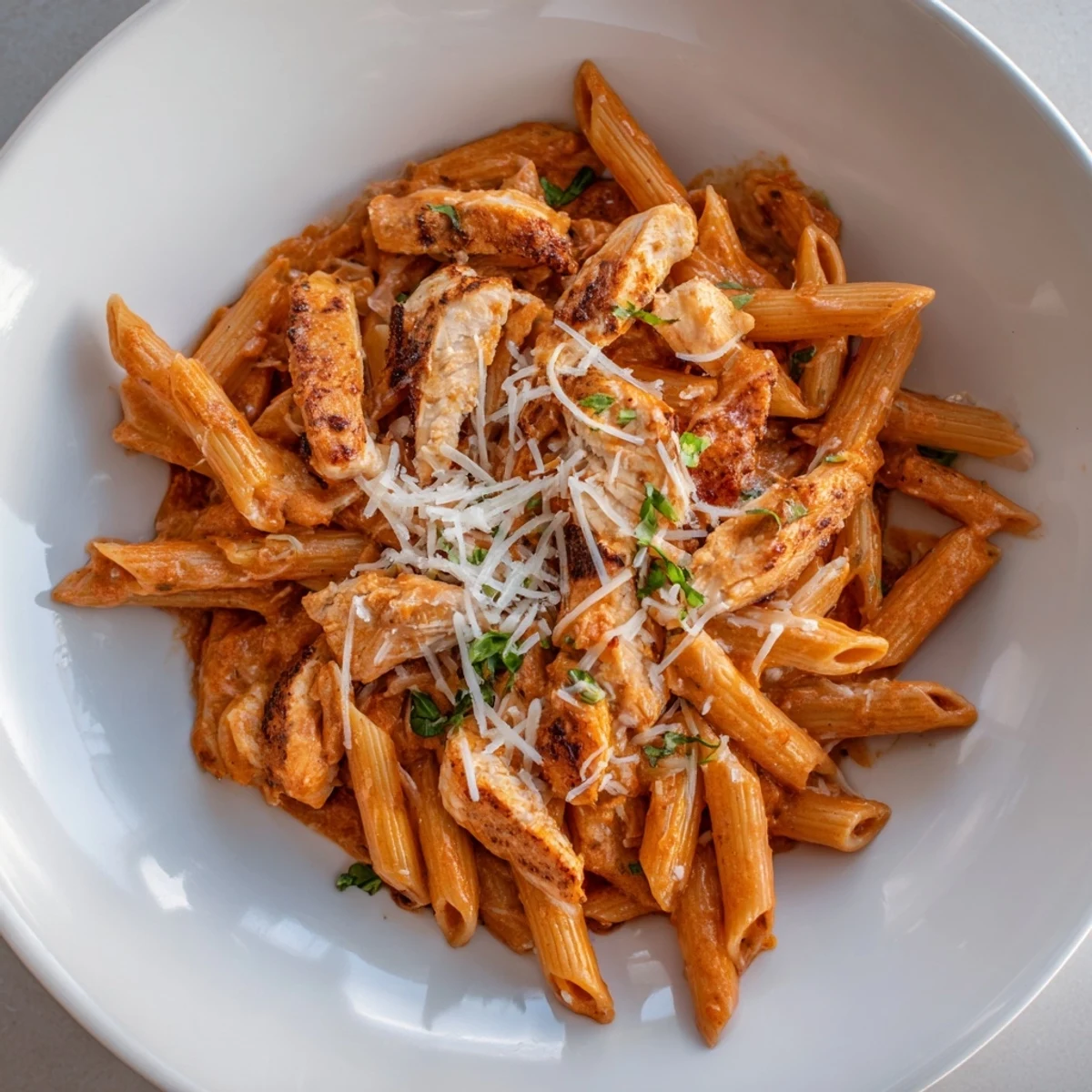 Creamy Tomato Basil Chicken Pasta, showing tender chicken and penne in a rich, creamy sauce.