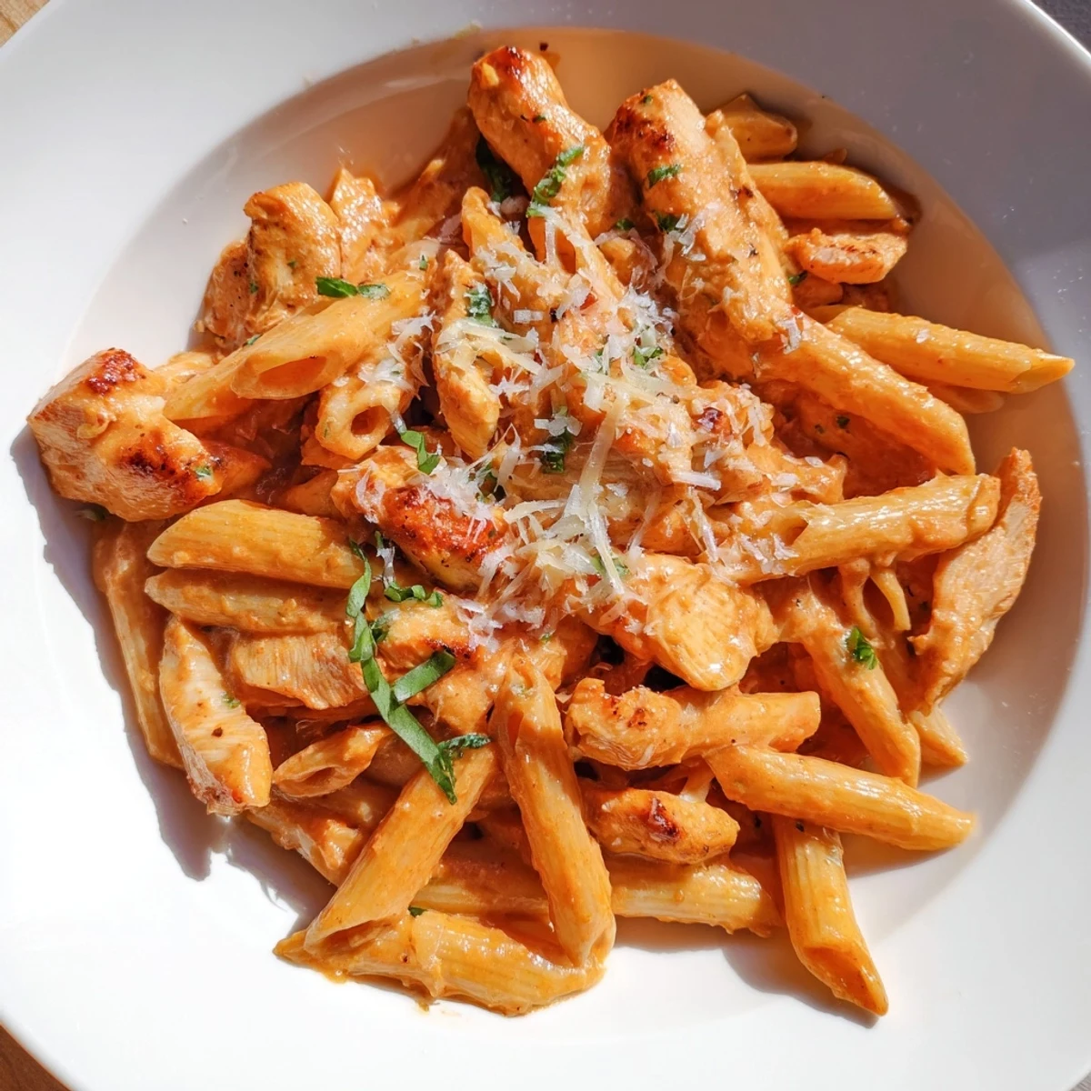 Delicious bowl of Creamy Tomato Basil Chicken Pasta with visible chicken pieces in a silky tomato sauce.