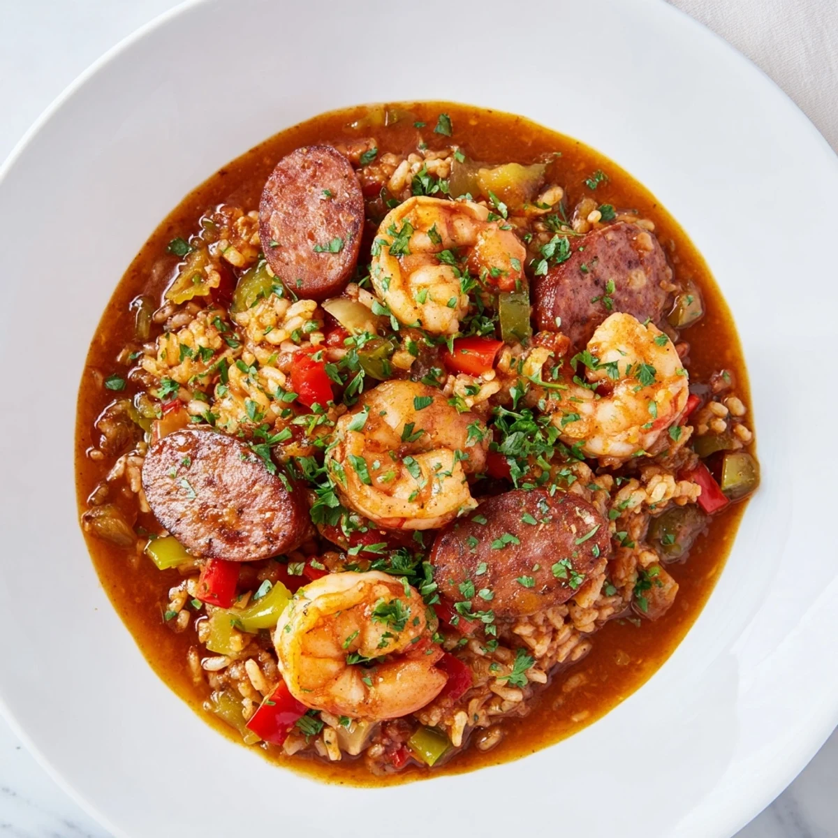 The finished Jambalaya Skillet is a richly colored one-pan meal, ready to serve and enjoy.