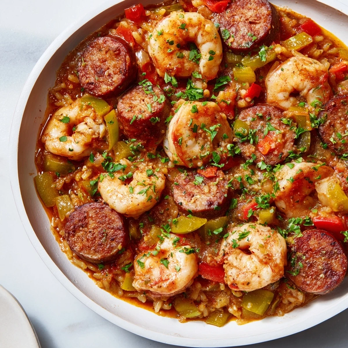 Steaming Jambalaya Skillet with shrimp, sausage, and rice, a flavorful and hearty Creole dish.