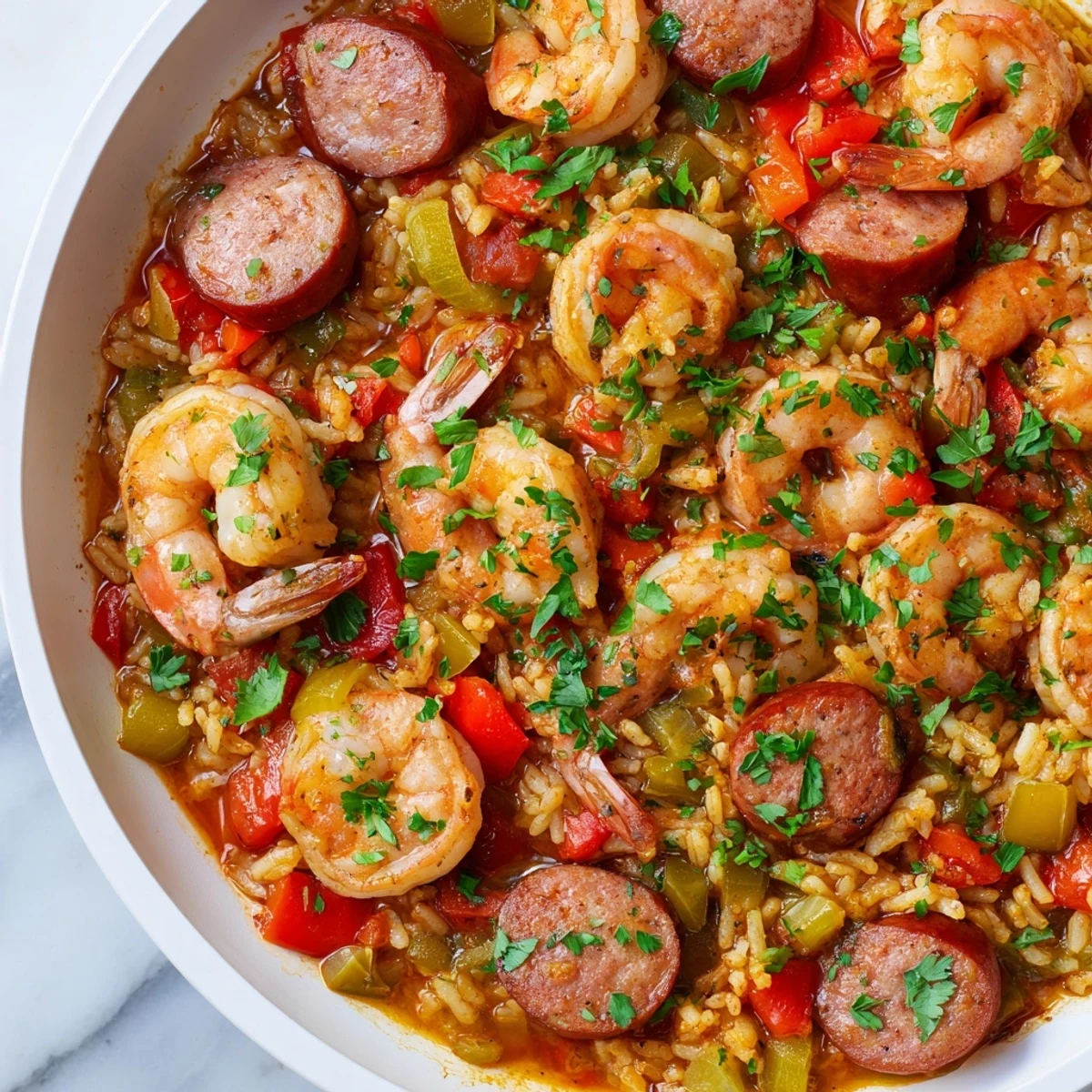 This vibrant photo shows a delicious Jambalaya Skillet, loaded with tender shrimp and savory sausage.