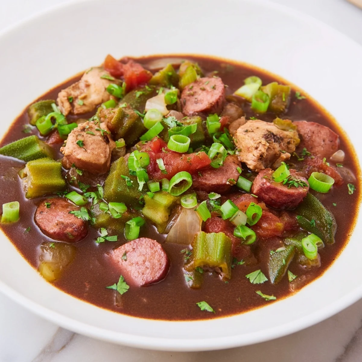 A rich, dark and savory Gumbo Okra Soup, showcasing the tender chicken and okra in close up.