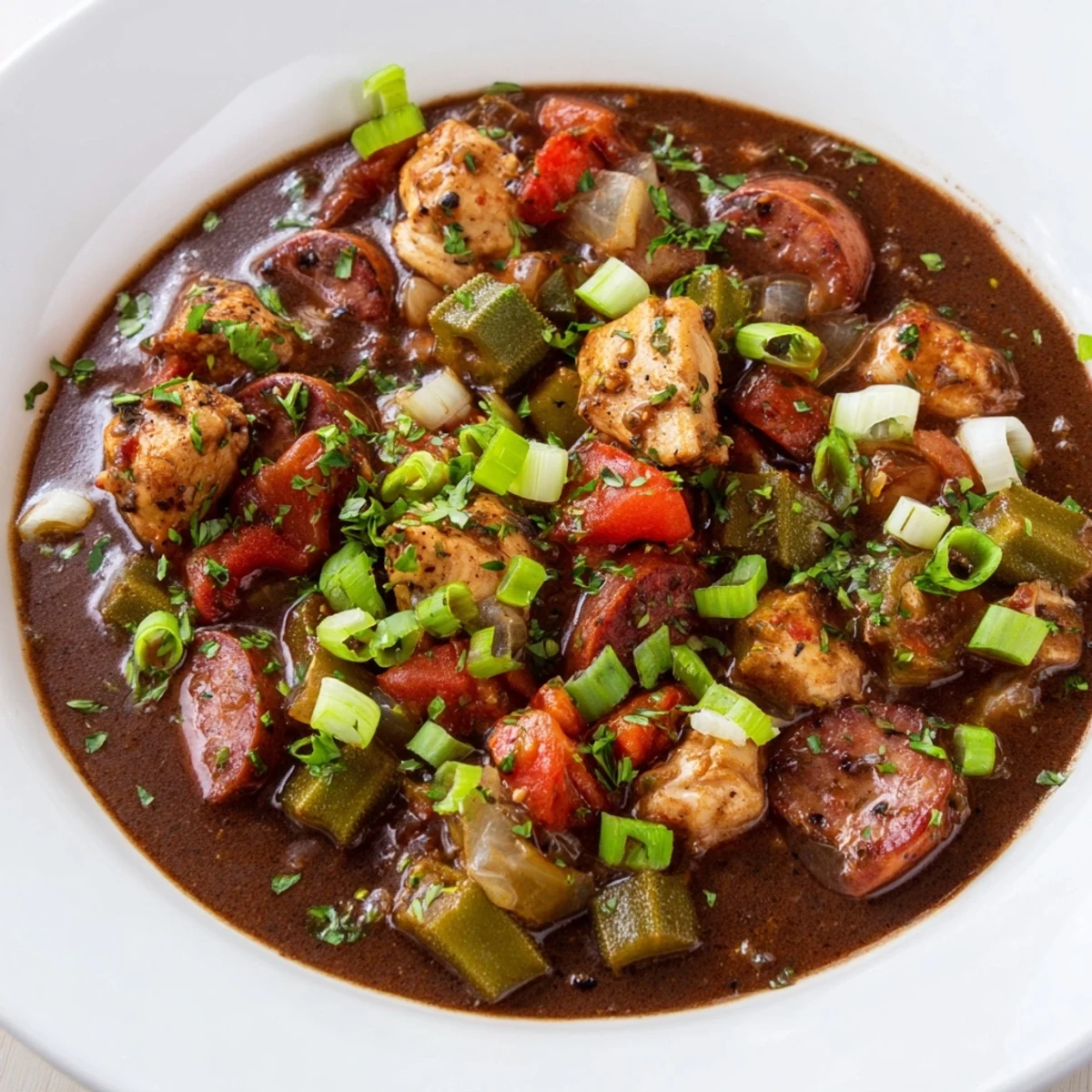 Enjoy a comforting bowl of Gumbo Okra Soup, a Louisiana specialty featuring smoky sausage.