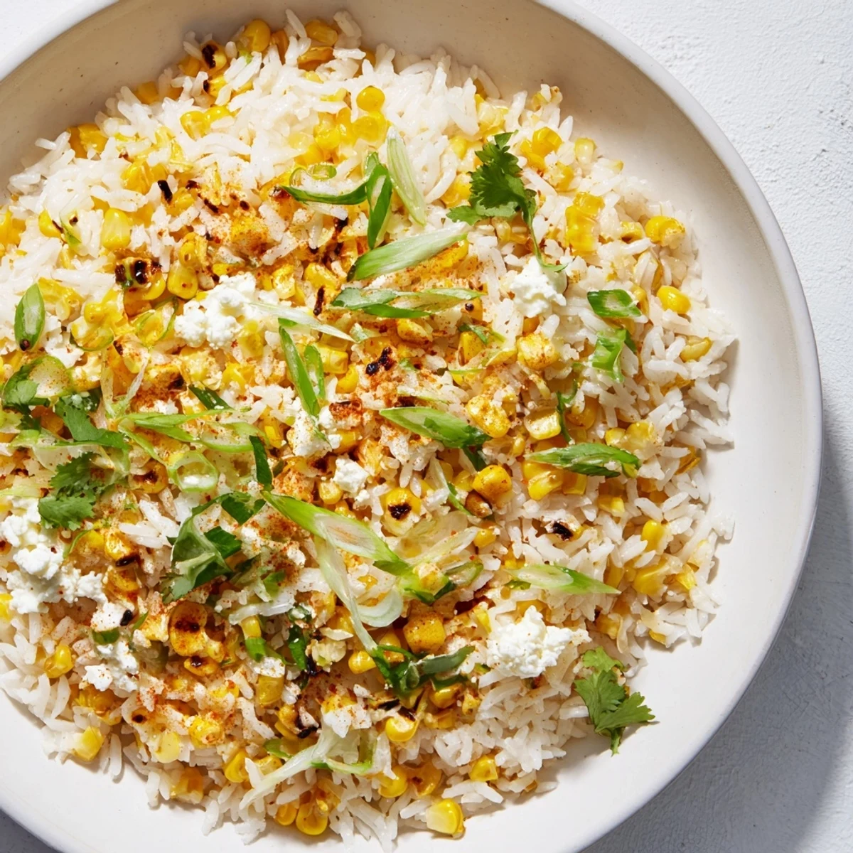 Fluffy Mexican Street Corn Rice, with vibrant corn, cilantro, and creamy cotija cheese, ready to serve.