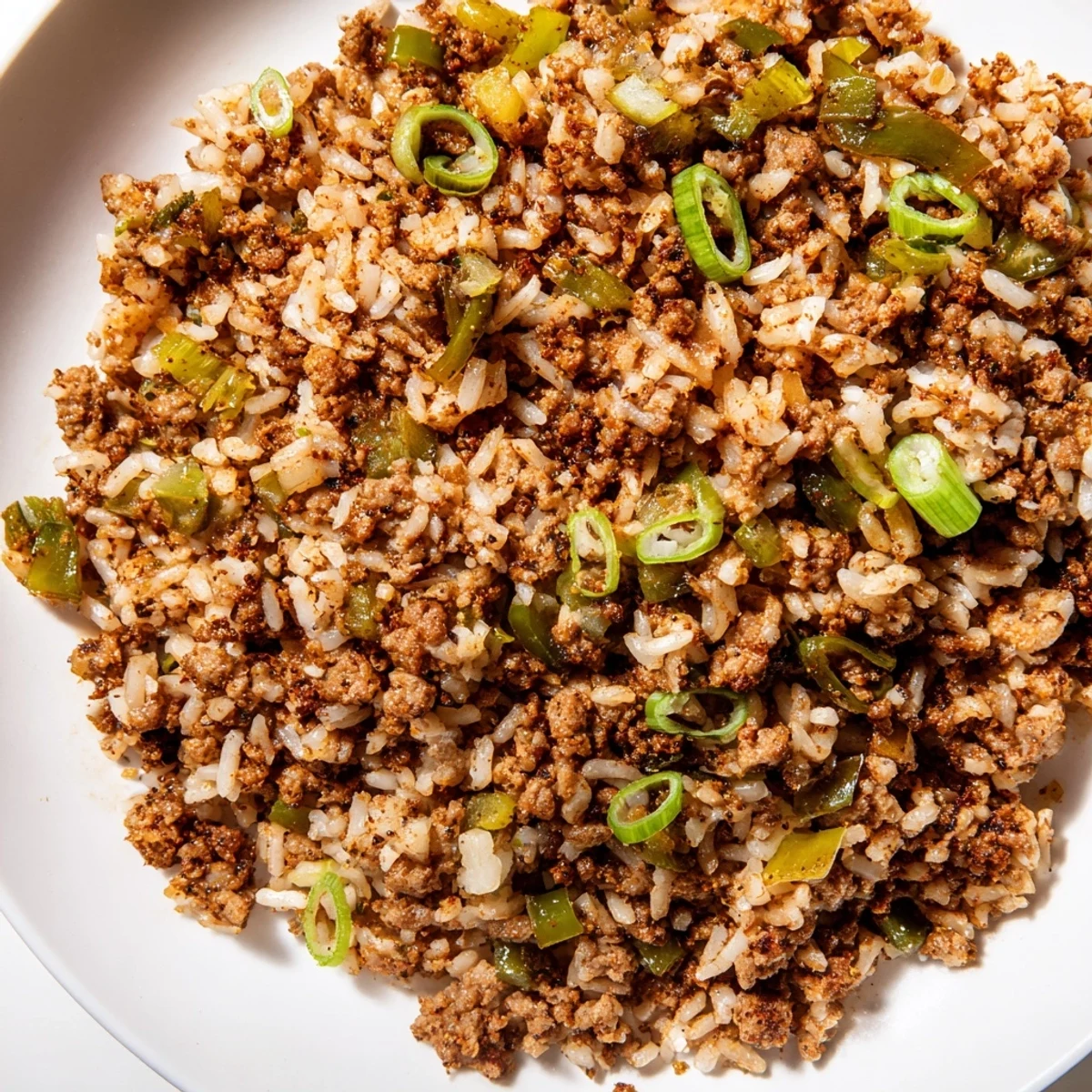 Steaming Cajun Dirty Rice, a hearty Southern meal with savory ground meat and fragrant spices perfectly blended.