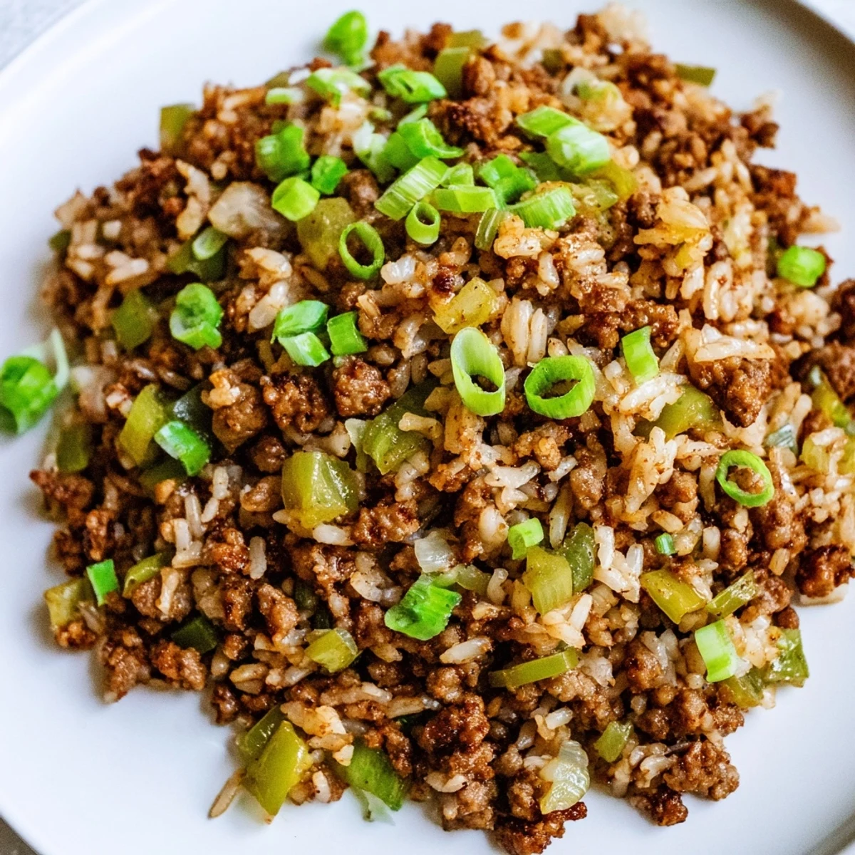 This image shows a bowl of flavorful Cajun Dirty Rice, a comforting and well-seasoned rice dish.