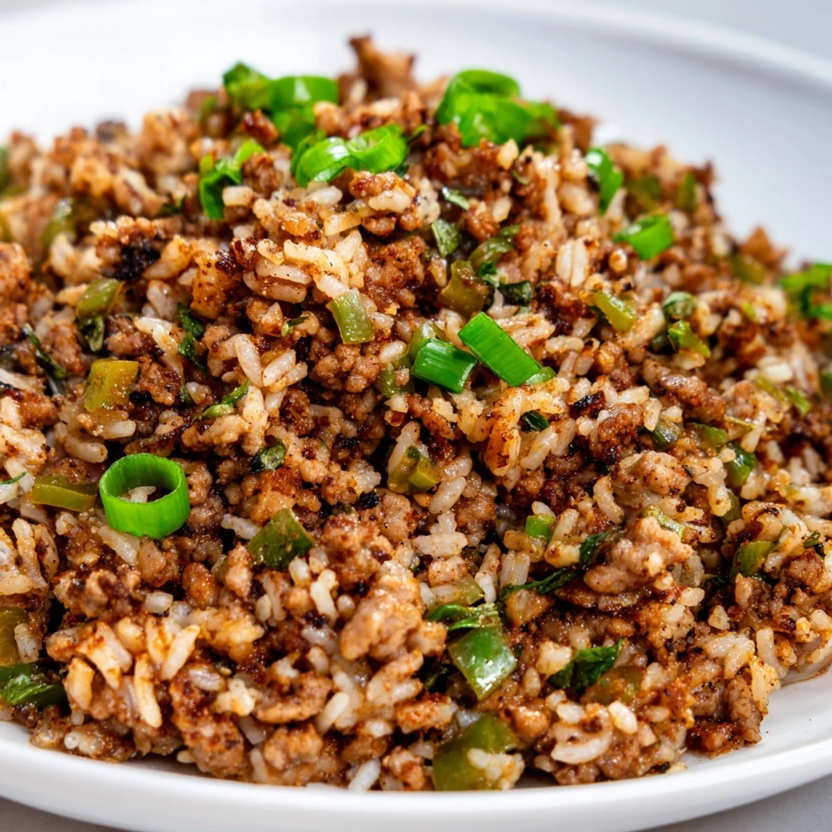 Freshly garnished, a close-up offers a satisfying view of Cajun Dirty Rice, ready for a delicious dinner.