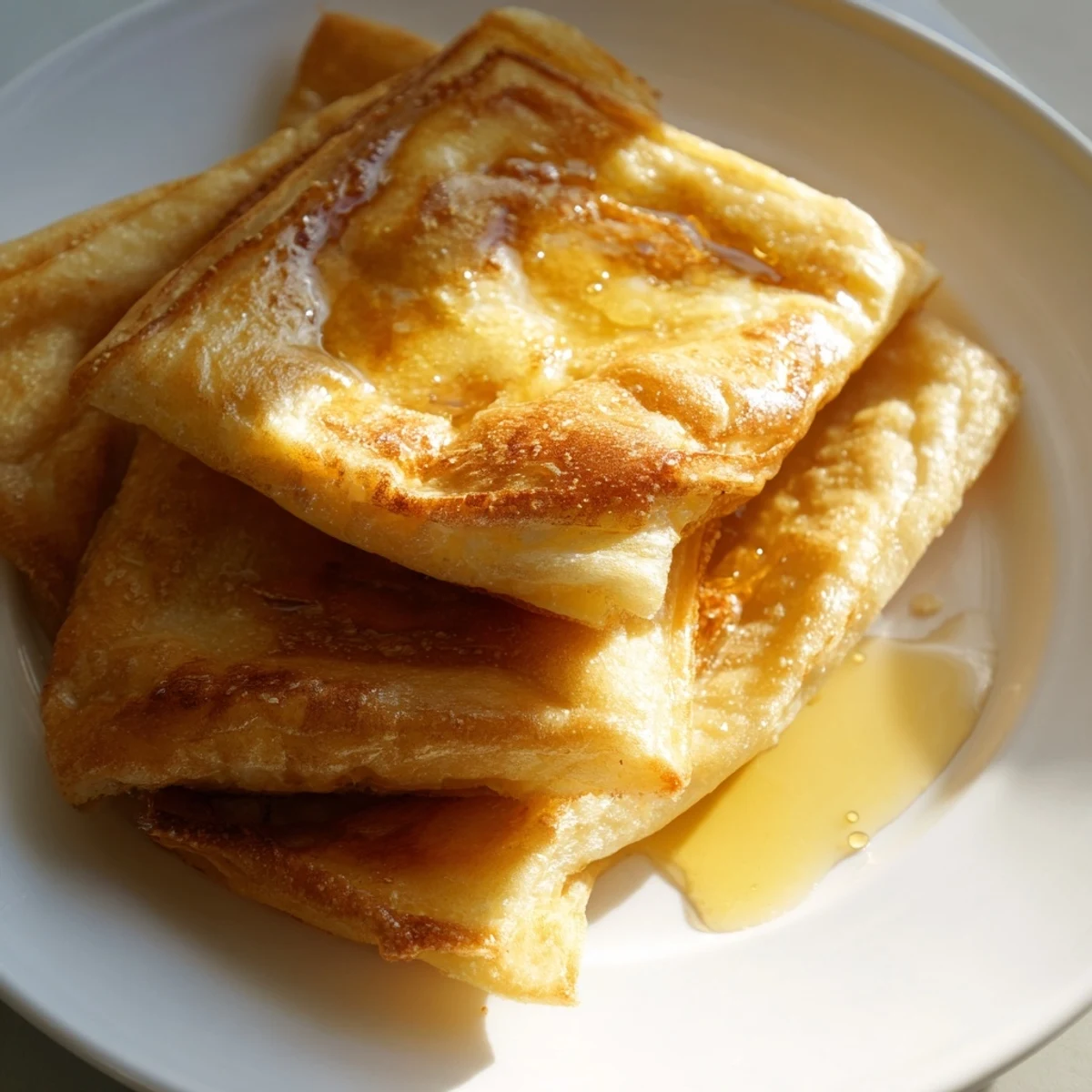 Golden-brown Moroccan Msemen pastry, flaky and served warm, drizzled with sweet, flowing honey.