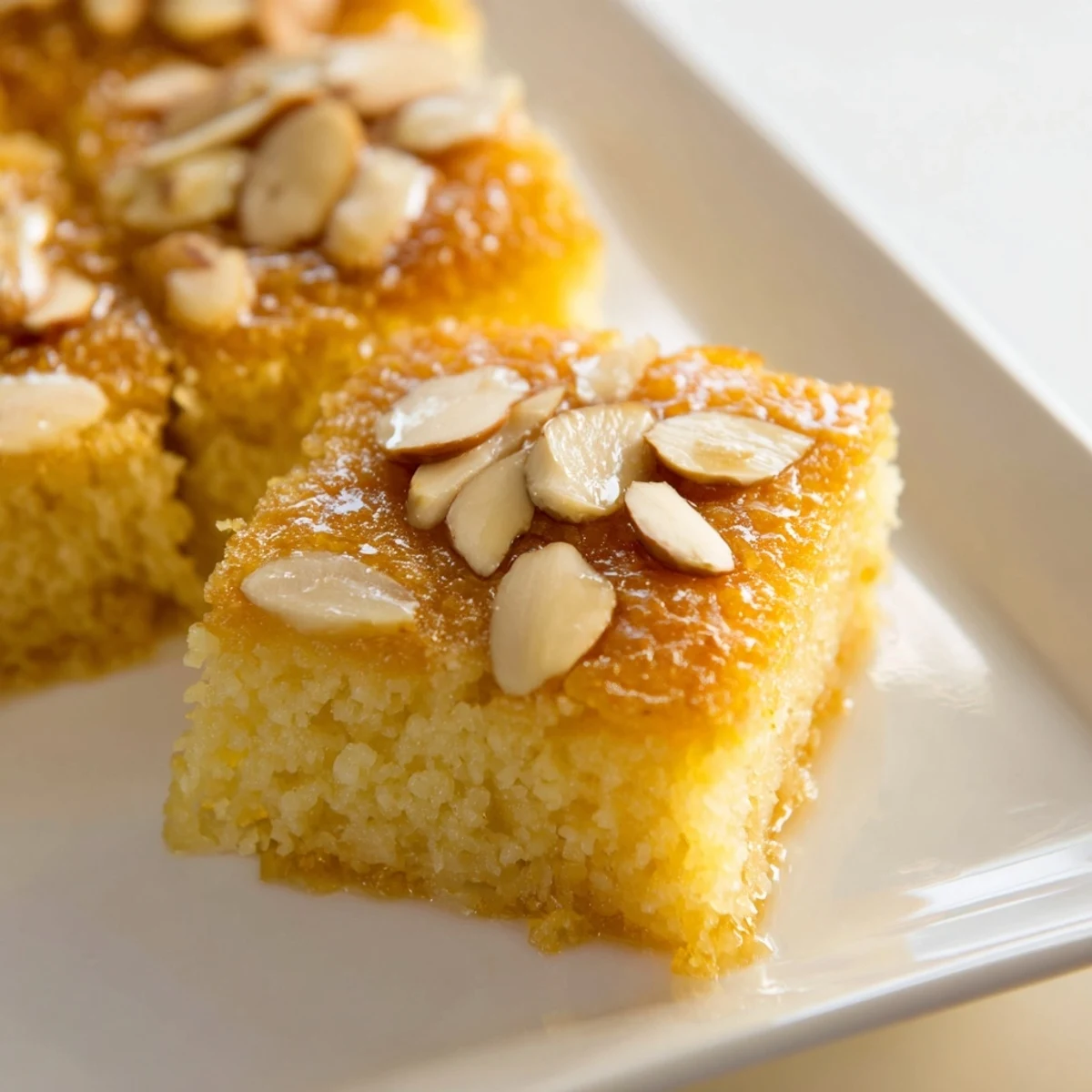 Golden, syrupy Basbousa coconut cake with toasted almonds, a sweet Egyptian dessert.