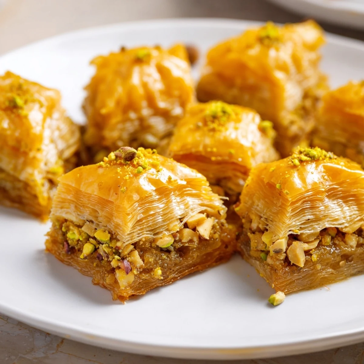 Golden, flaky layers of Turkish Baklava drizzled generously with shimmering honey syrup, ready to serve.