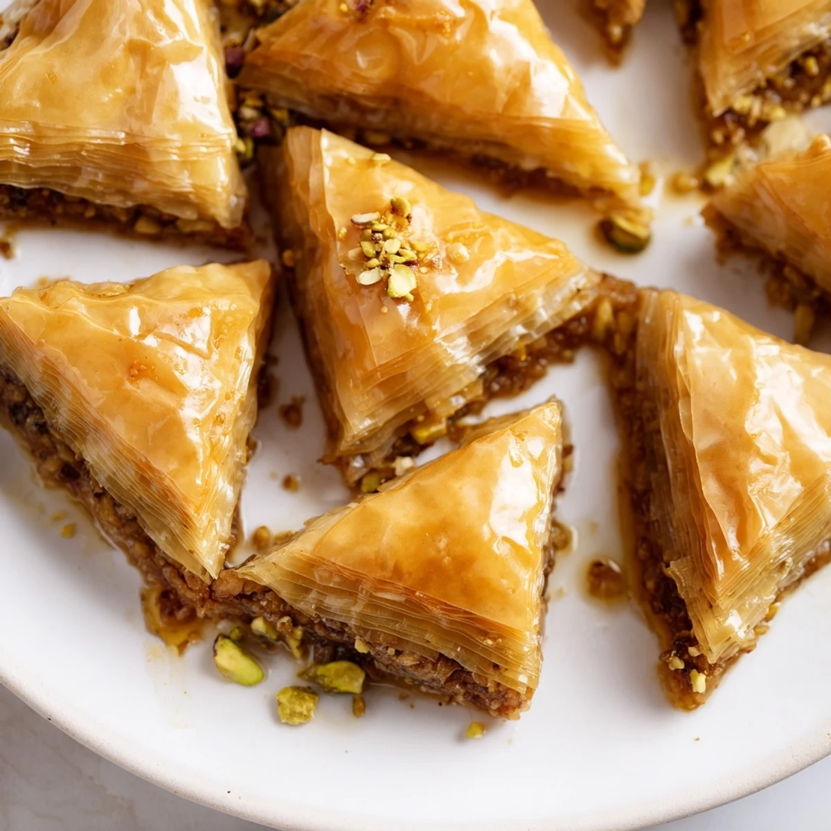 Close-up of a beautifully layered Turkish Baklava, glistening with honey, boasting a delicate, nutty aroma.