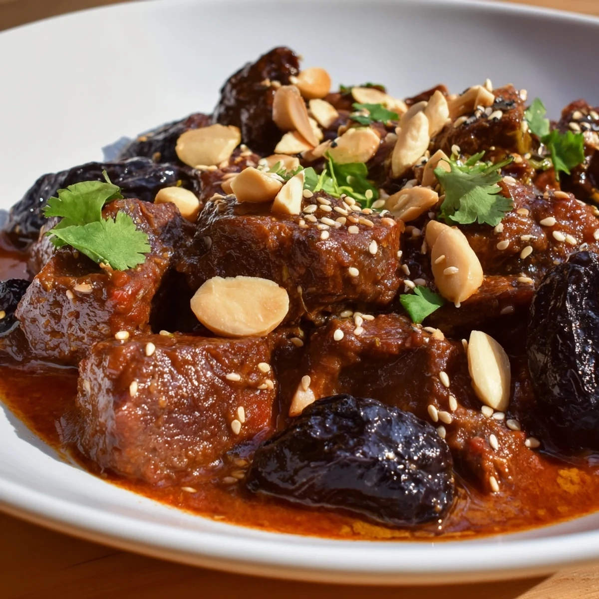 Earthy Moroccan lamb tagine with prunes and almonds, simmering in a spiced tomato broth.