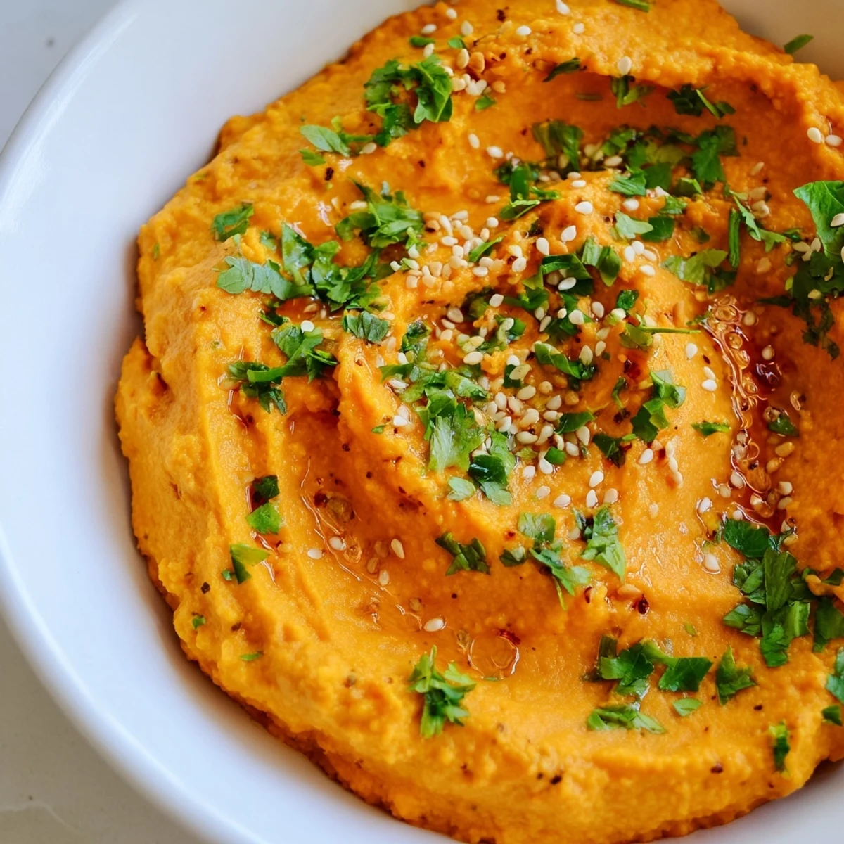 Smooth Carrot Ginger Dip served in a rustic bowl, garnished with sesame seeds and fresh herbs for flavor.