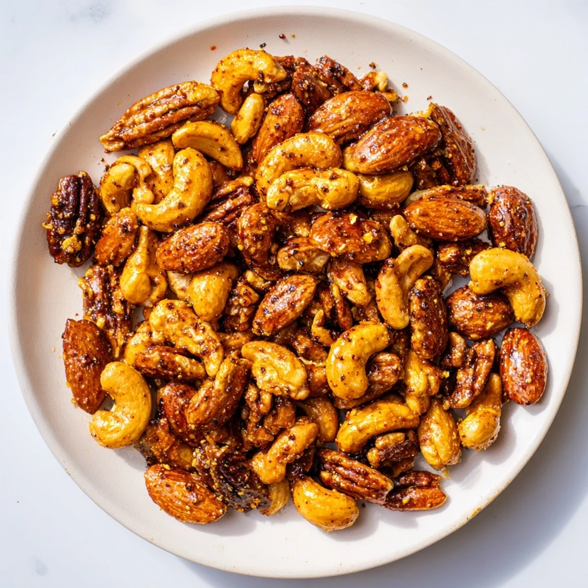 A bowl of spiced nuts mix features golden, honey-glazed almonds, cashews, pecans, and walnuts, fragrant with smoked paprika and cumin.  