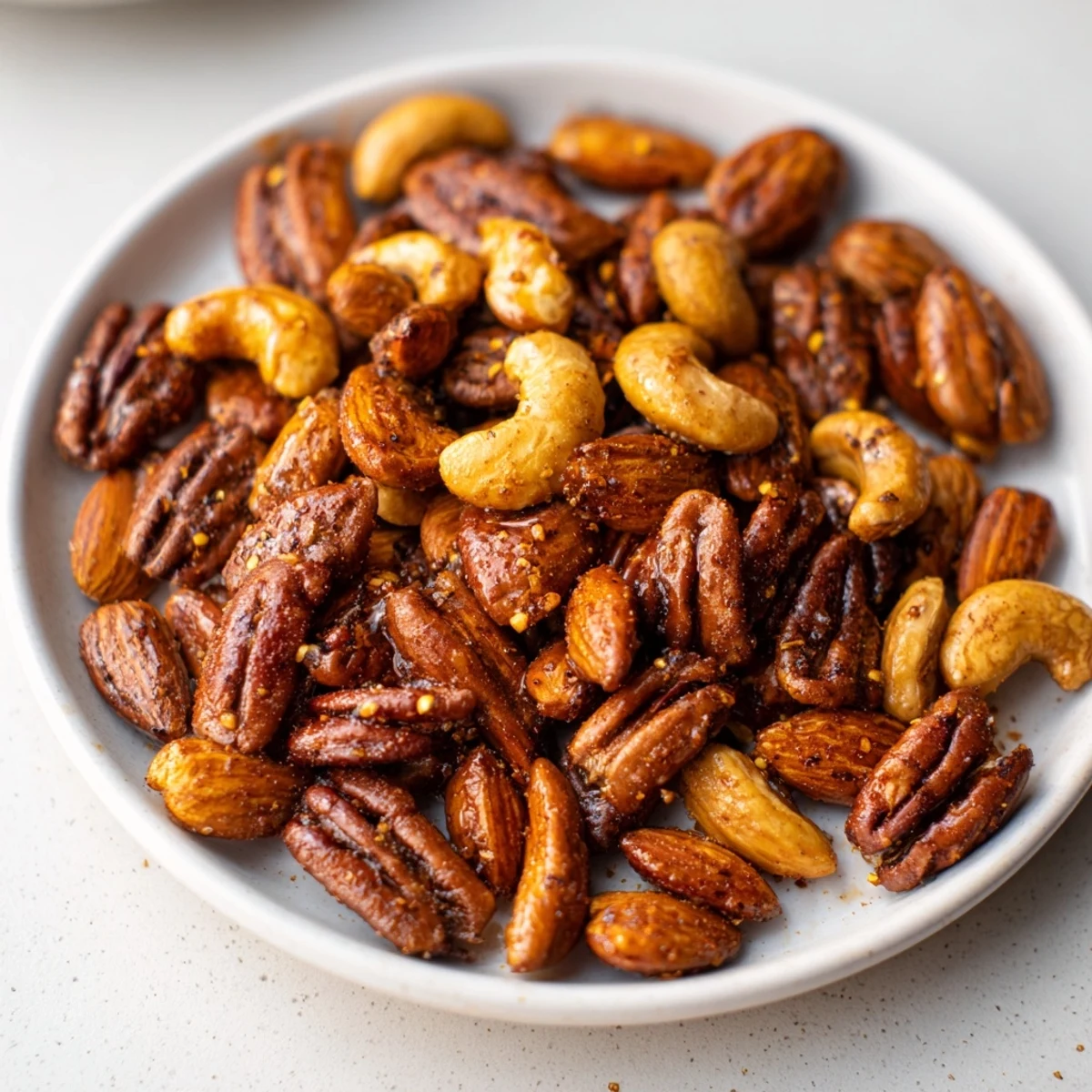 Close-up of spiced nuts mix with toasted pecans and walnuts glistening, a hint of cayenne and cinnamon for sweet heat.