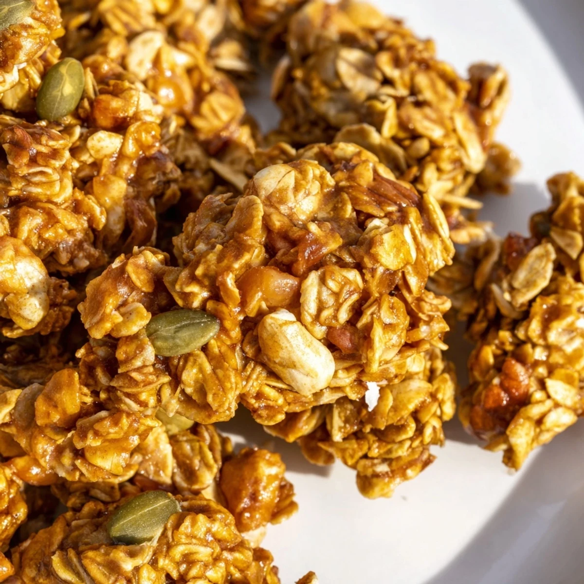 Golden brown Granola Clusters Homemade glistening with honey and coconut, served in a ceramic bowl with fresh berries and yogurt.