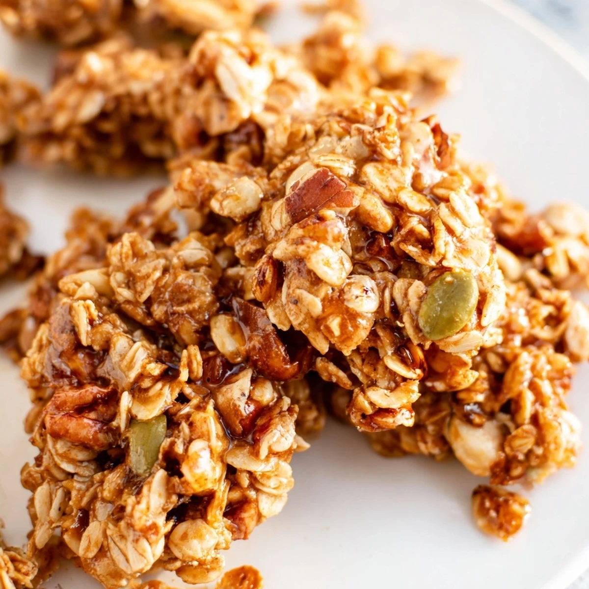 A close-up of Granola Clusters Homemade, revealing the crunchy texture of rolled oats, nuts, and seeds on a rustic wooden table.