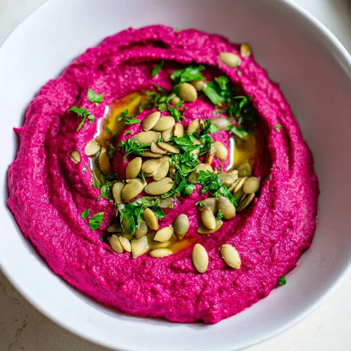 Bright pink Beet Hummus in a rustic bowl, garnished with olive oil swirls, toasted pumpkin seeds, and fresh parsley for a vibrant appetizer.  