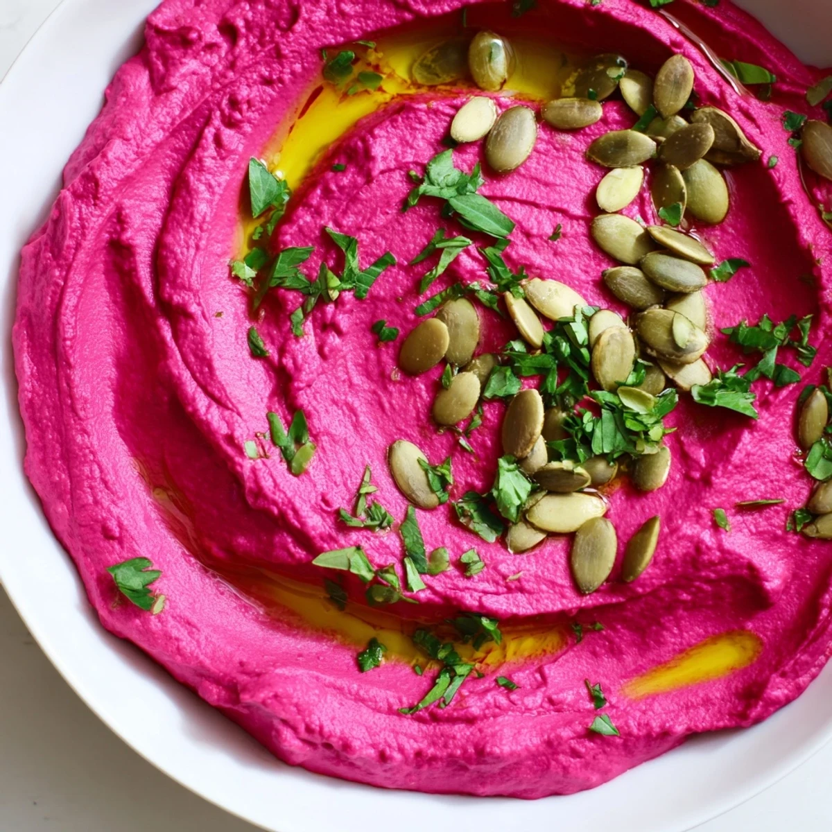 Homemade Beet Hummus spread on a toasted baguette slice, showing the smooth texture and earthy, sweet flavor of this healthy dip.