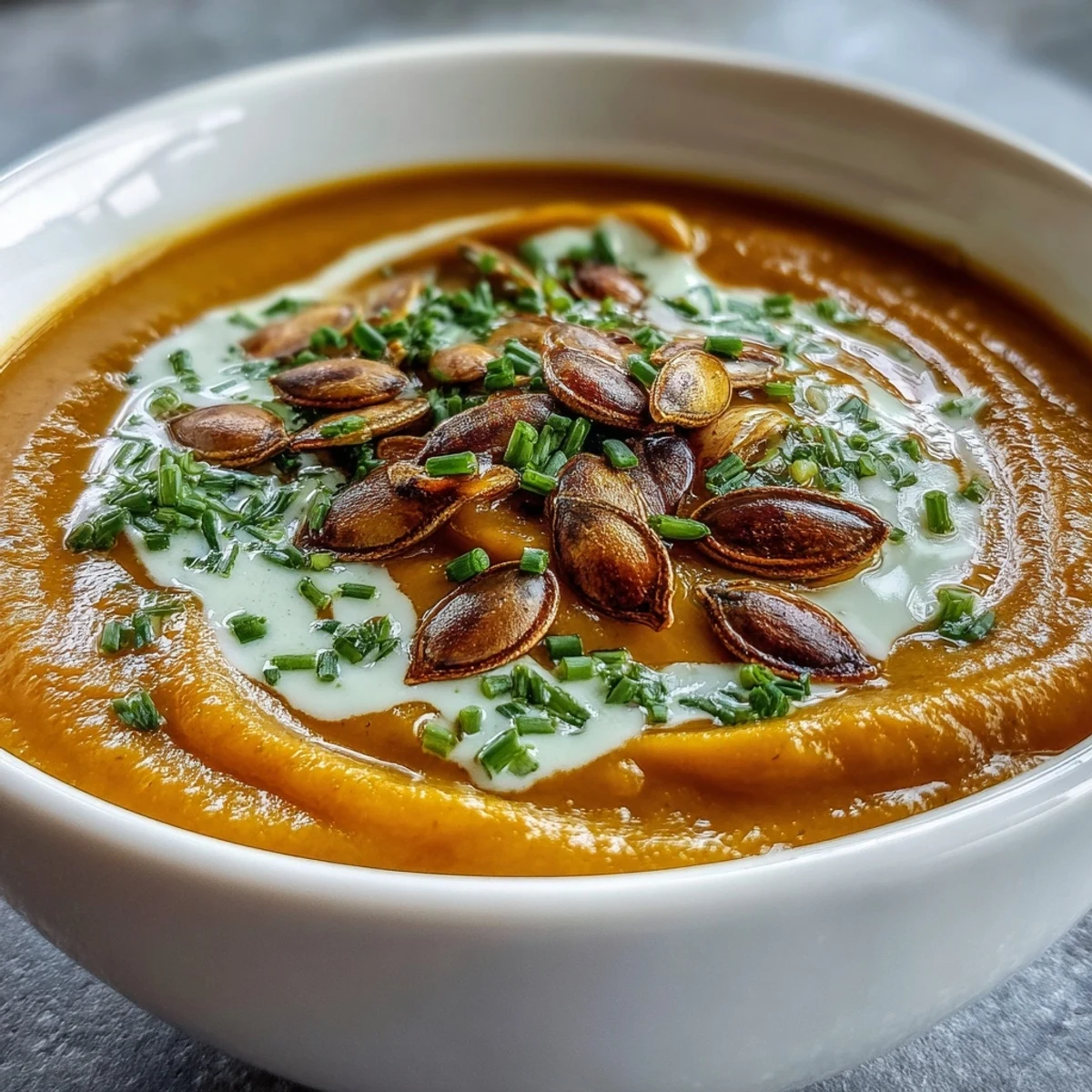Creamy, orange acorn squash soup garnished with pumpkin seeds and chives, served in rustic bowls.