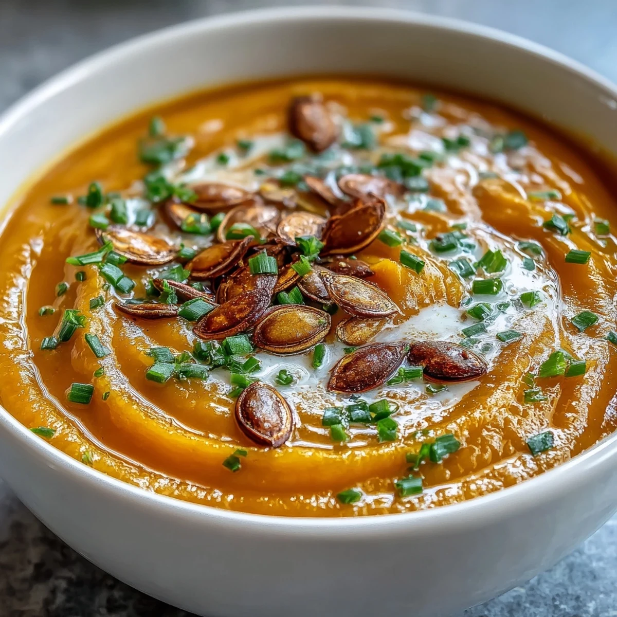 Roasted acorn squash soup with fresh chives and pumpkin seeds, ready for a comforting dinner.