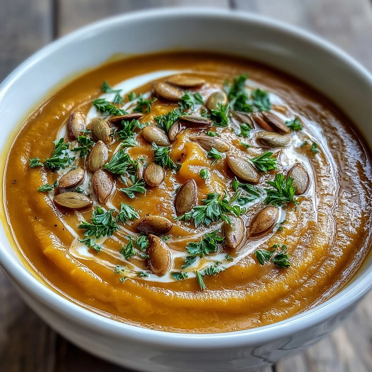 Smooth pumpkin soup swirled with cream, served warm for a cozy autumn meal.